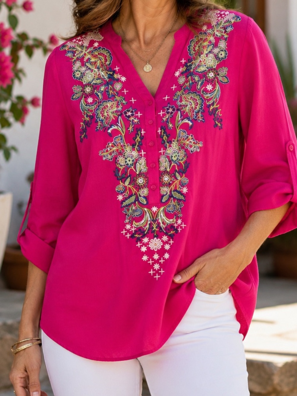 Luna Moon Fuchsia Embroidered Boho Tunic Blouse  SZ Med